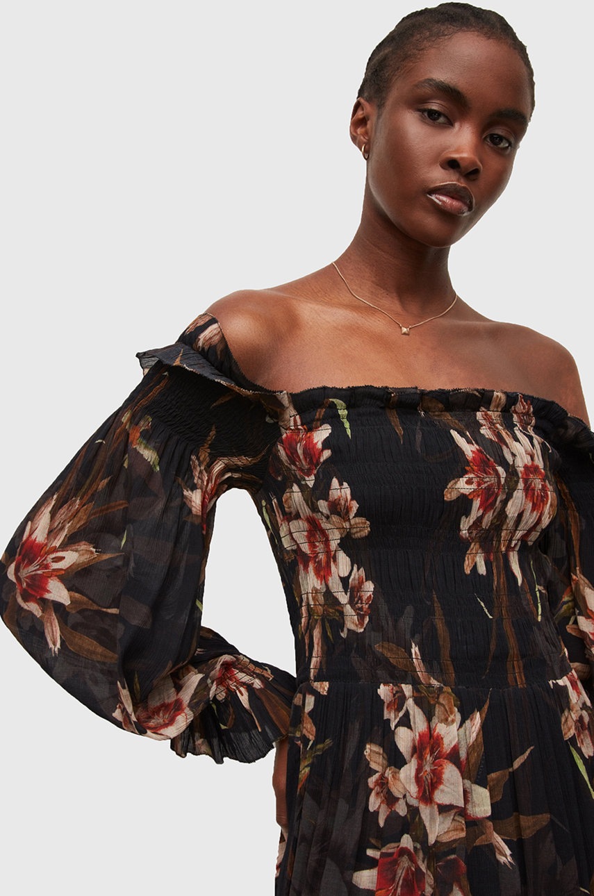 

Сукня AllSaints колір чорний maxi розкльошена