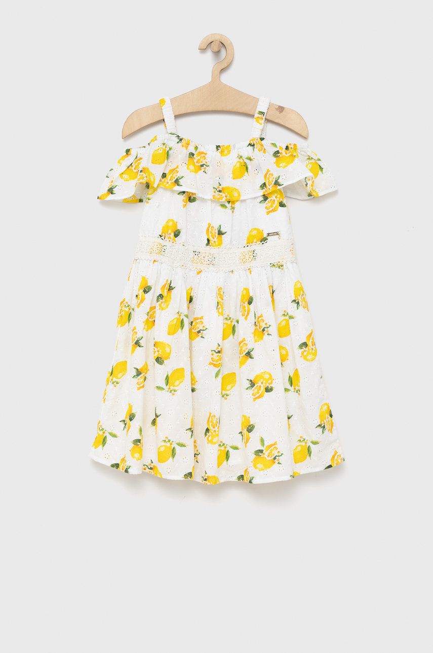 Guess sukienka bawełniana dziecięca kolor żółty midi rozkloszowana
