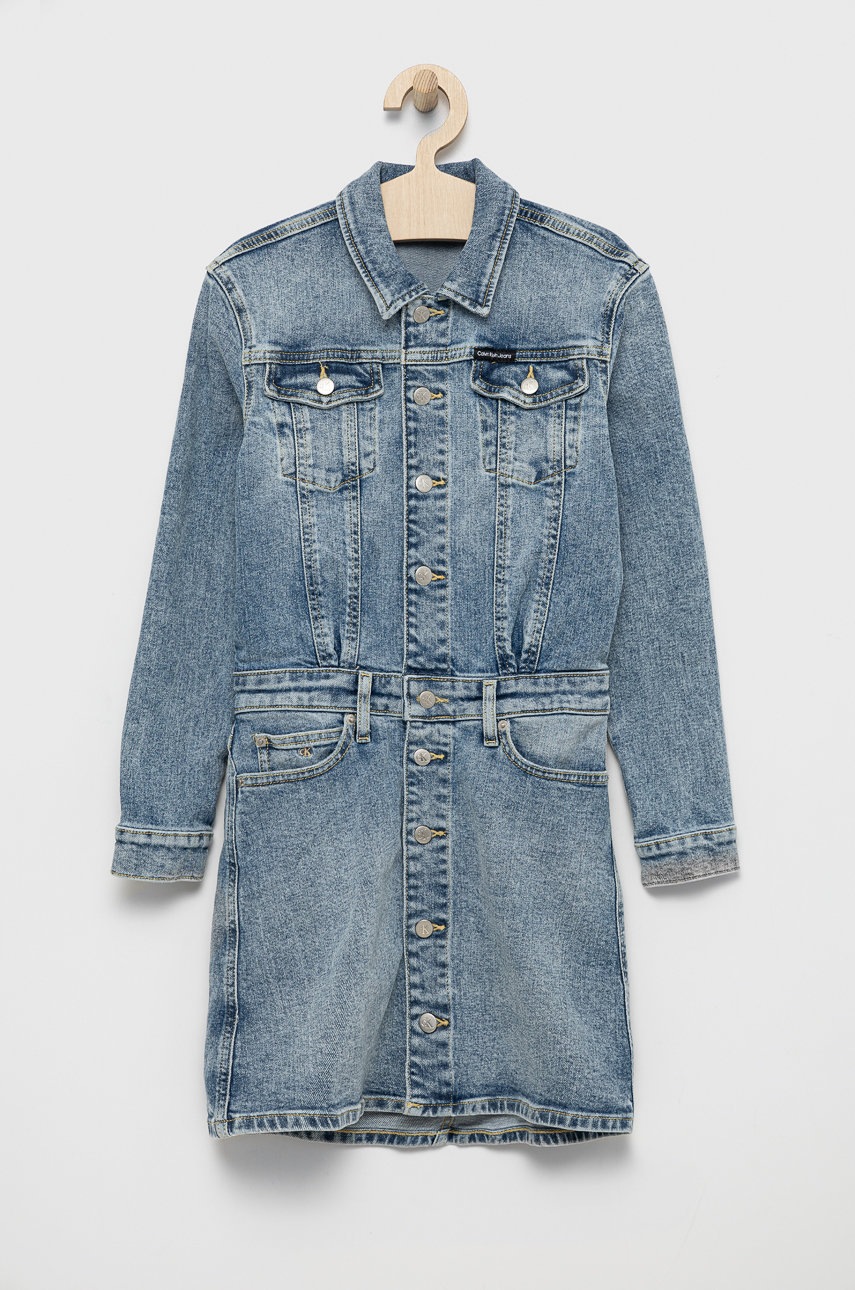 

Детска дънкова рокля Calvin Klein Jeans къс модел със стандартна кройка, Син