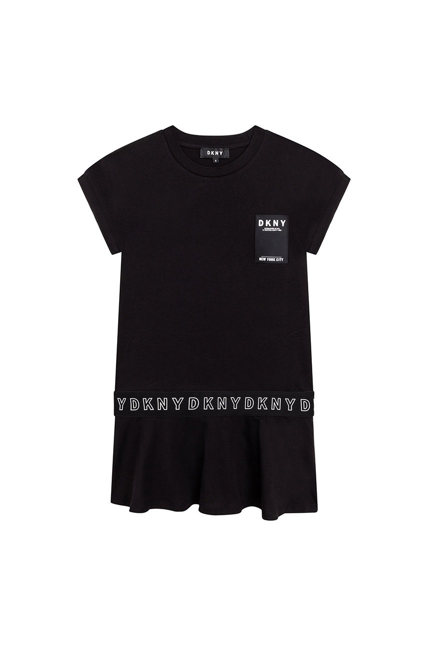 

Детска памучна рокля Dkny в черно къс модел разкроен модел, Черен