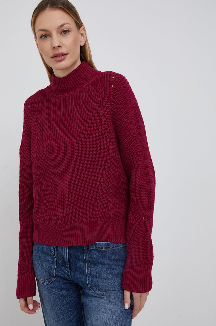 Hugo pulover de bumbac femei, culoarea violet, călduros, cu guler answear.ro
