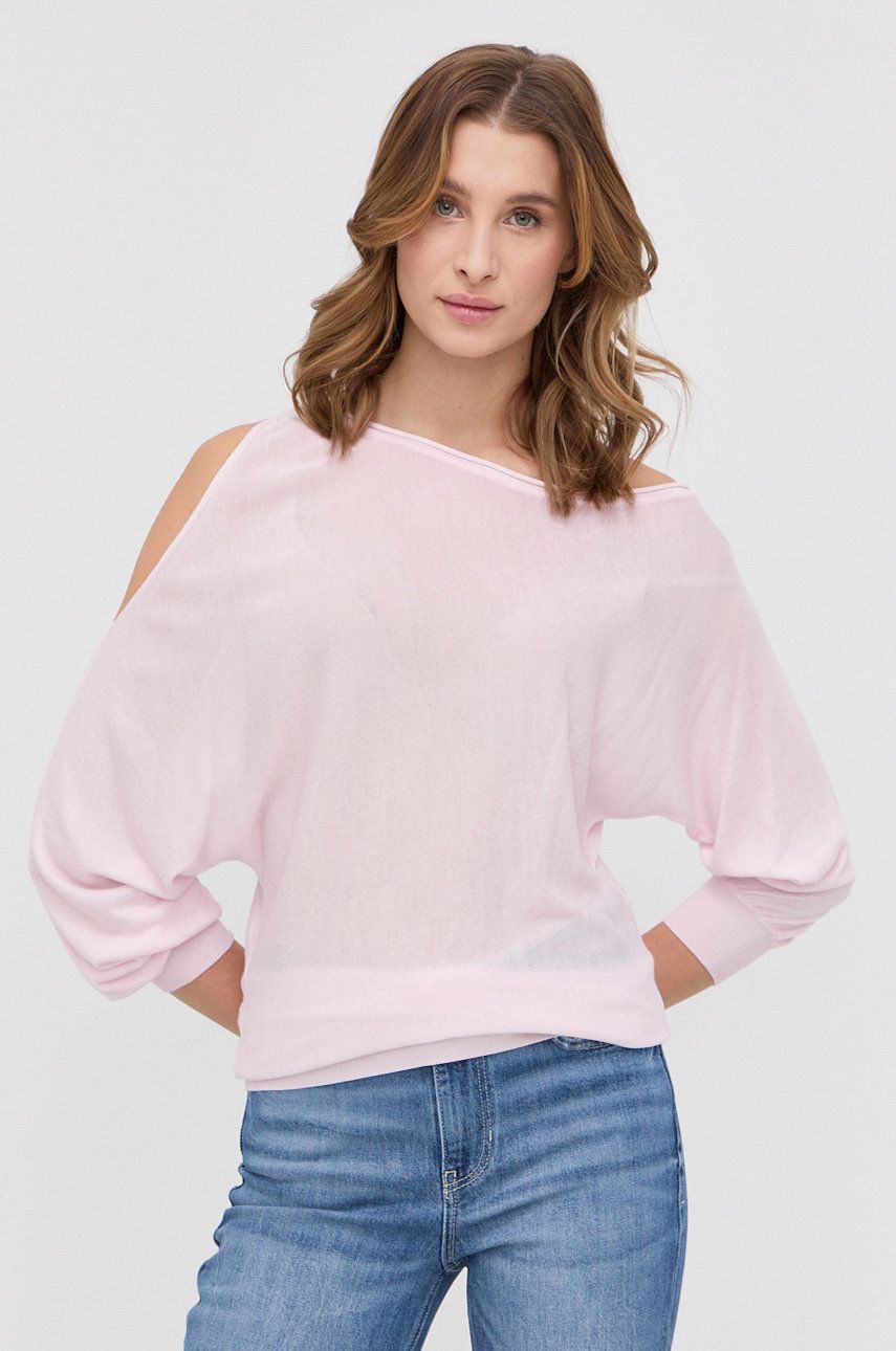 Guess sweter z domieszką jedwabiu damski kolor różowy lekki