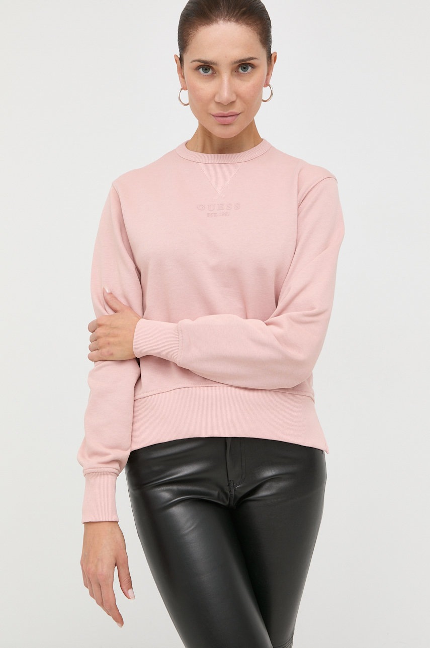 

Суичър Guess в розово с изчистен дизайн, Розов
