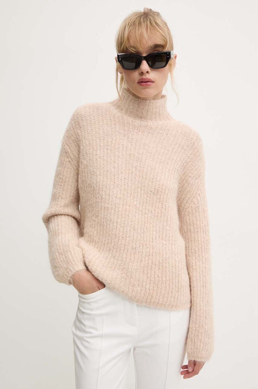 Bruuns Bazaar pulover de lana femei, culoarea bej, călduros, cu turtleneck