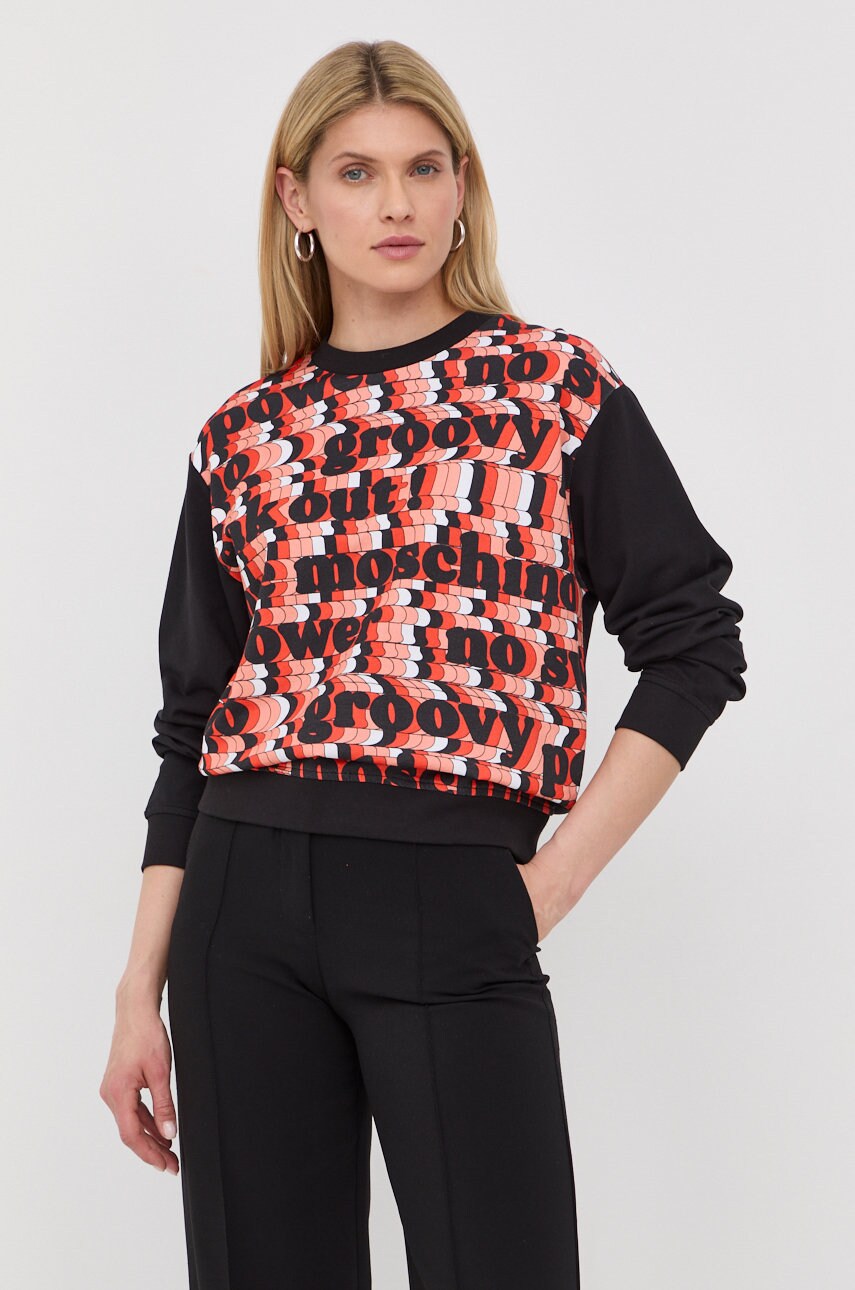 Bavlněná mikina Love Moschino dámská, černá barva, vzorovaná