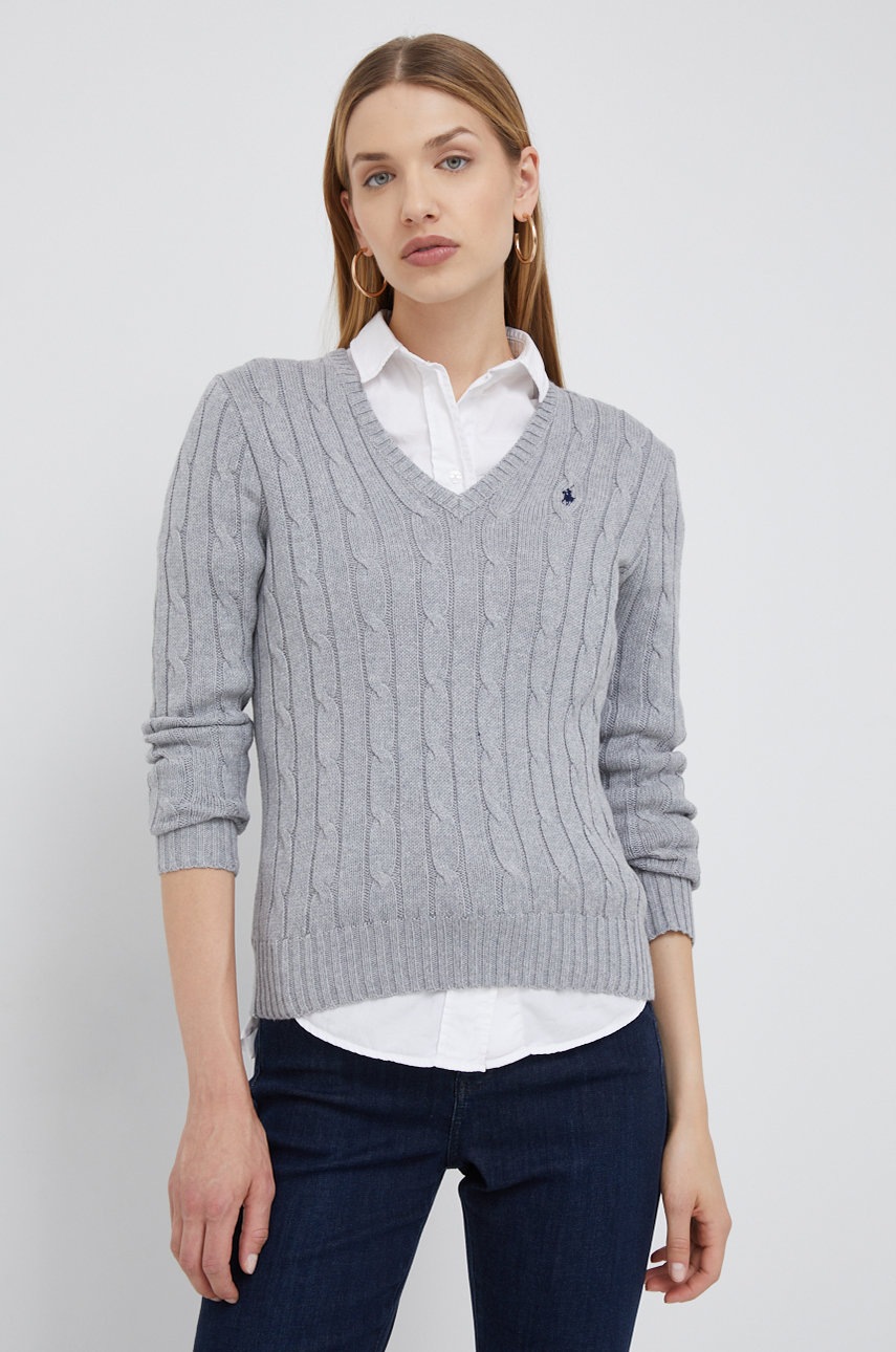

Памучен пуловер Polo Ralph Lauren дамски в сиво от лека материя, Сив