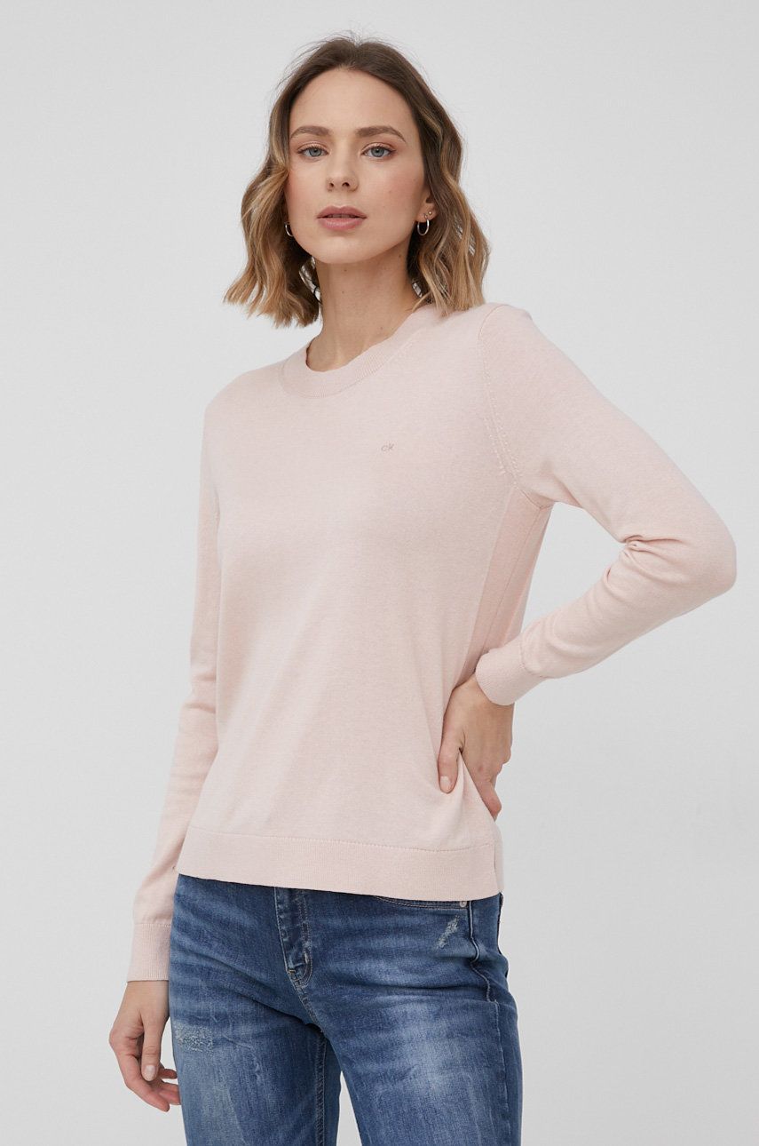 Calvin Klein sweter z domieszką jedwabiu damski kolor beżowy lekki