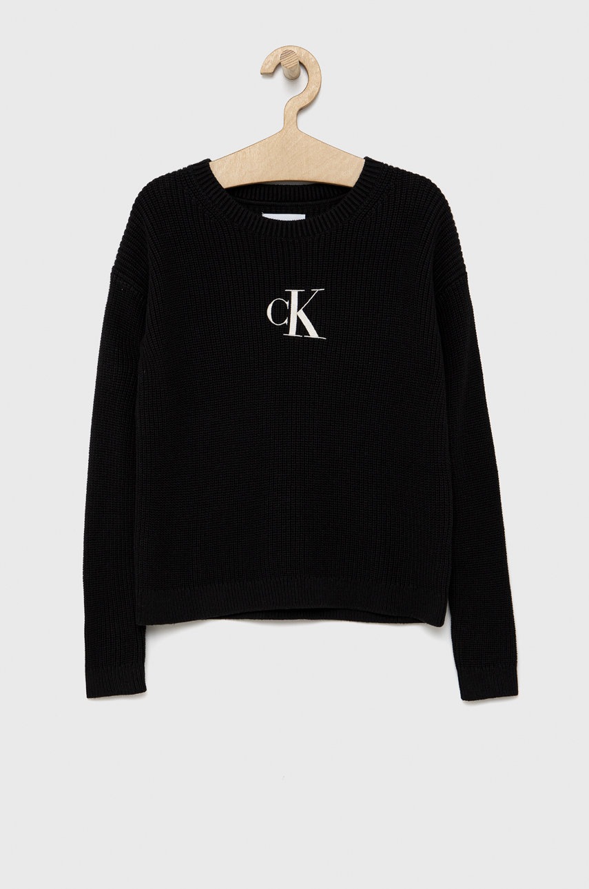 

Детски памучен пуловер Calvin Klein Jeans в черно от лека материя, Черен