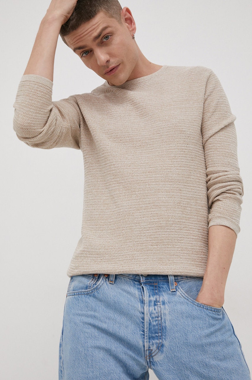 Jack & jones pulover de bumbac barbati, culoarea bej, light