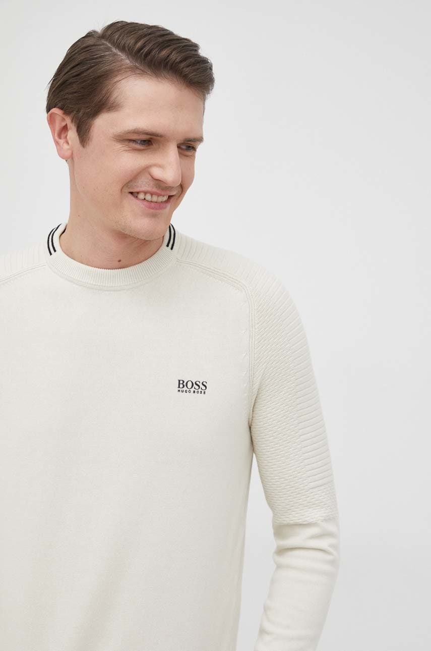 Boss pulover de bumbac boss athleisure barbati, culoarea crem, light