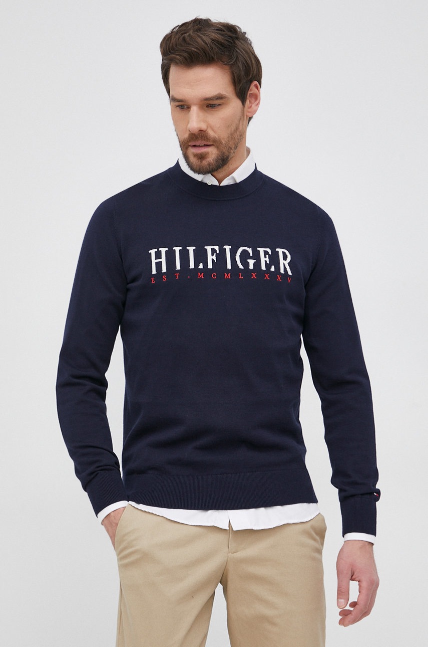 

Памучен пуловер Tommy Hilfiger мъжки в тъмносиньо от лека материя, Тъмносин