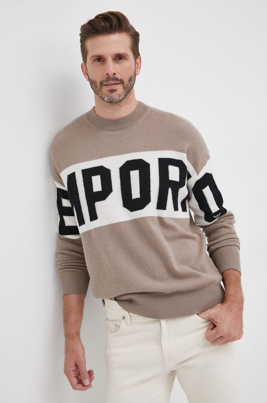 Emporio Armani sweter z domieszką wełny męski kolor beżowy lekki