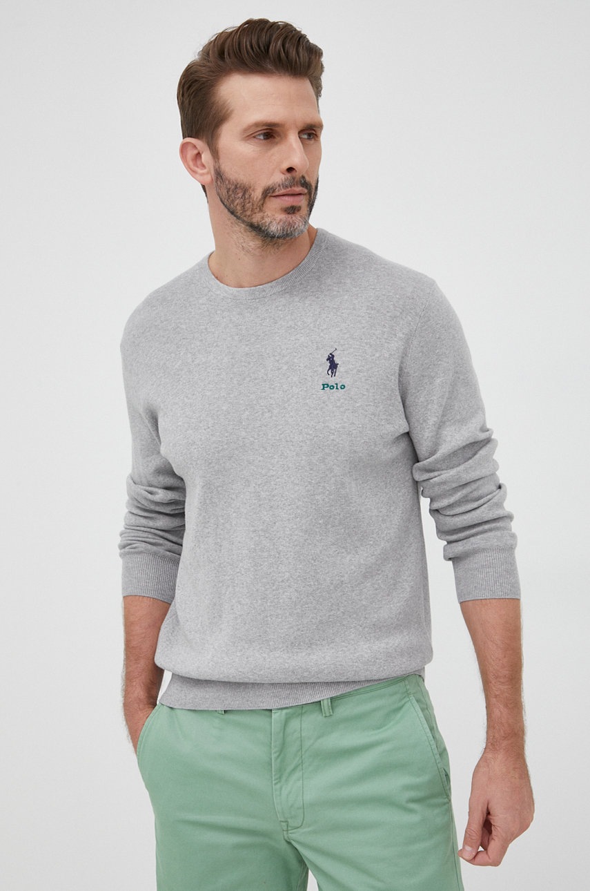 

Памучен пуловер Polo Ralph Lauren мъжки в сиво от лека материя, Сив