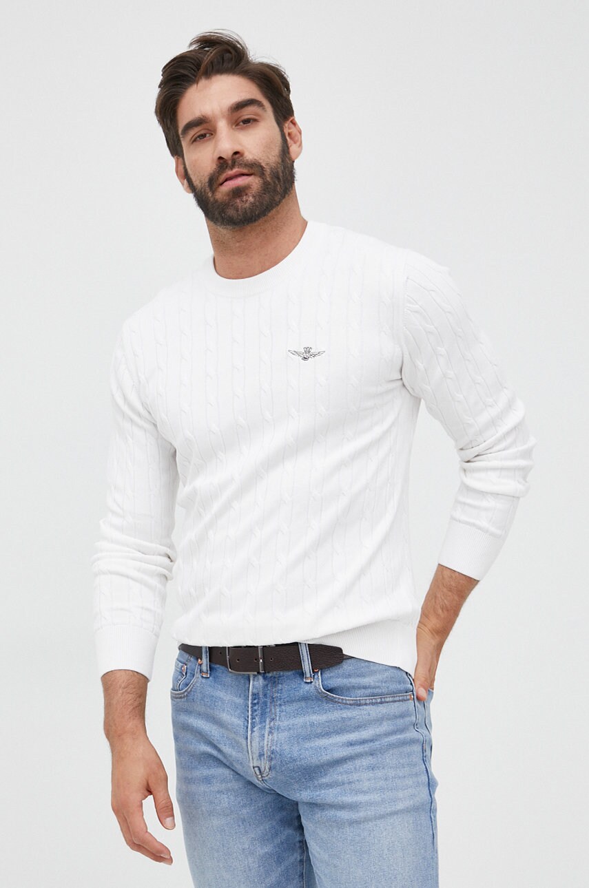 Aeronautica militare pulover de bumbac barbati, culoarea alb, light
