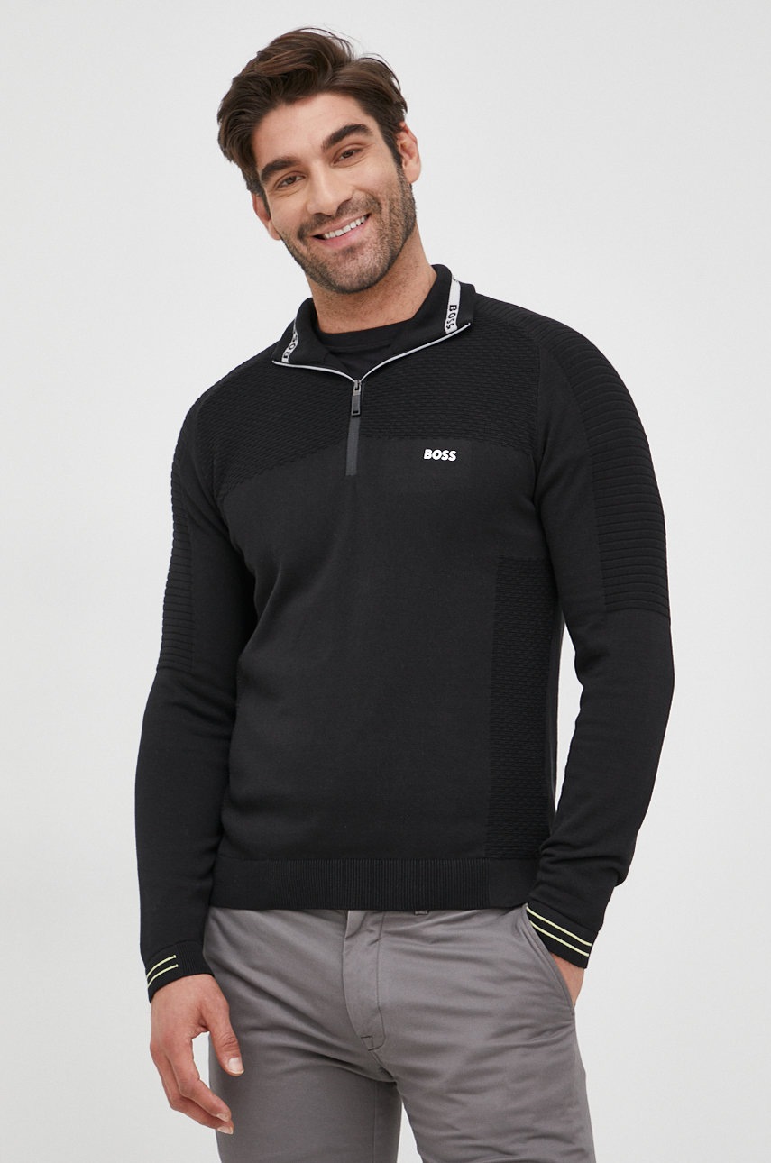 Хлопковый свитер BOSS Boss Athleisure мужской цвет чёрный лёгкий с полугольфом