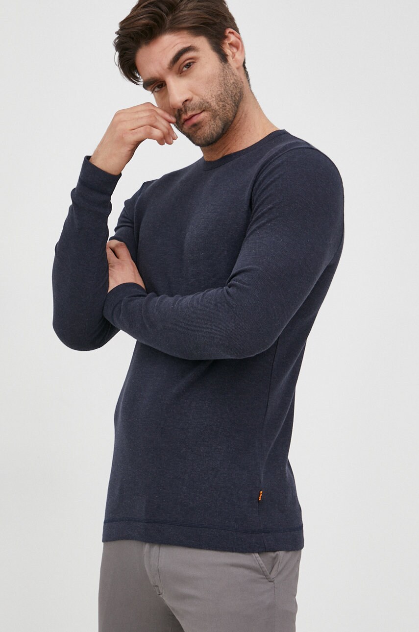Boss pulover de bumbac boss casual barbati, culoarea albastru marin, light