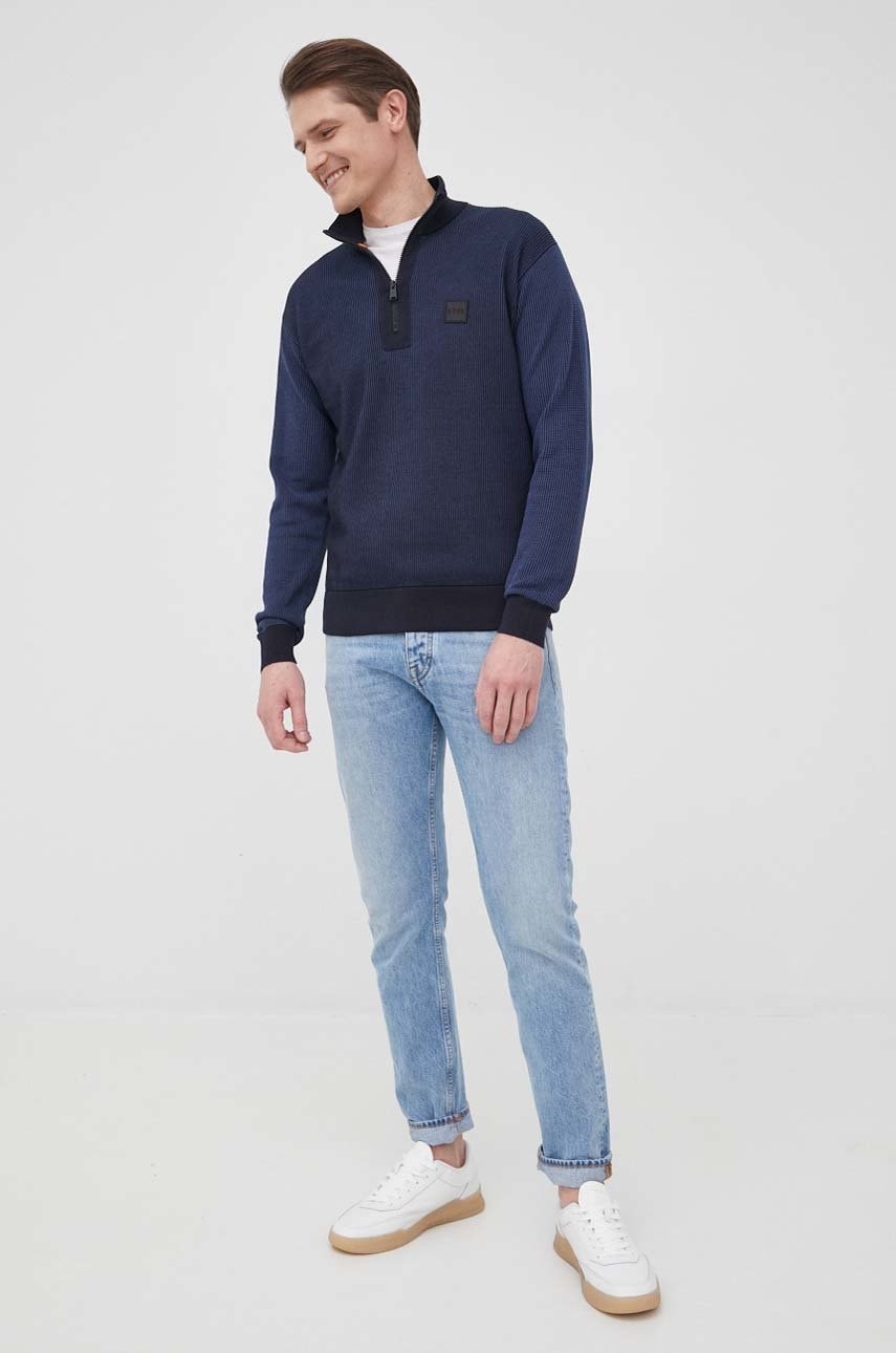 Boss pulover de bumbac boss casual barbati, culoarea albastru marin, cu turtleneck