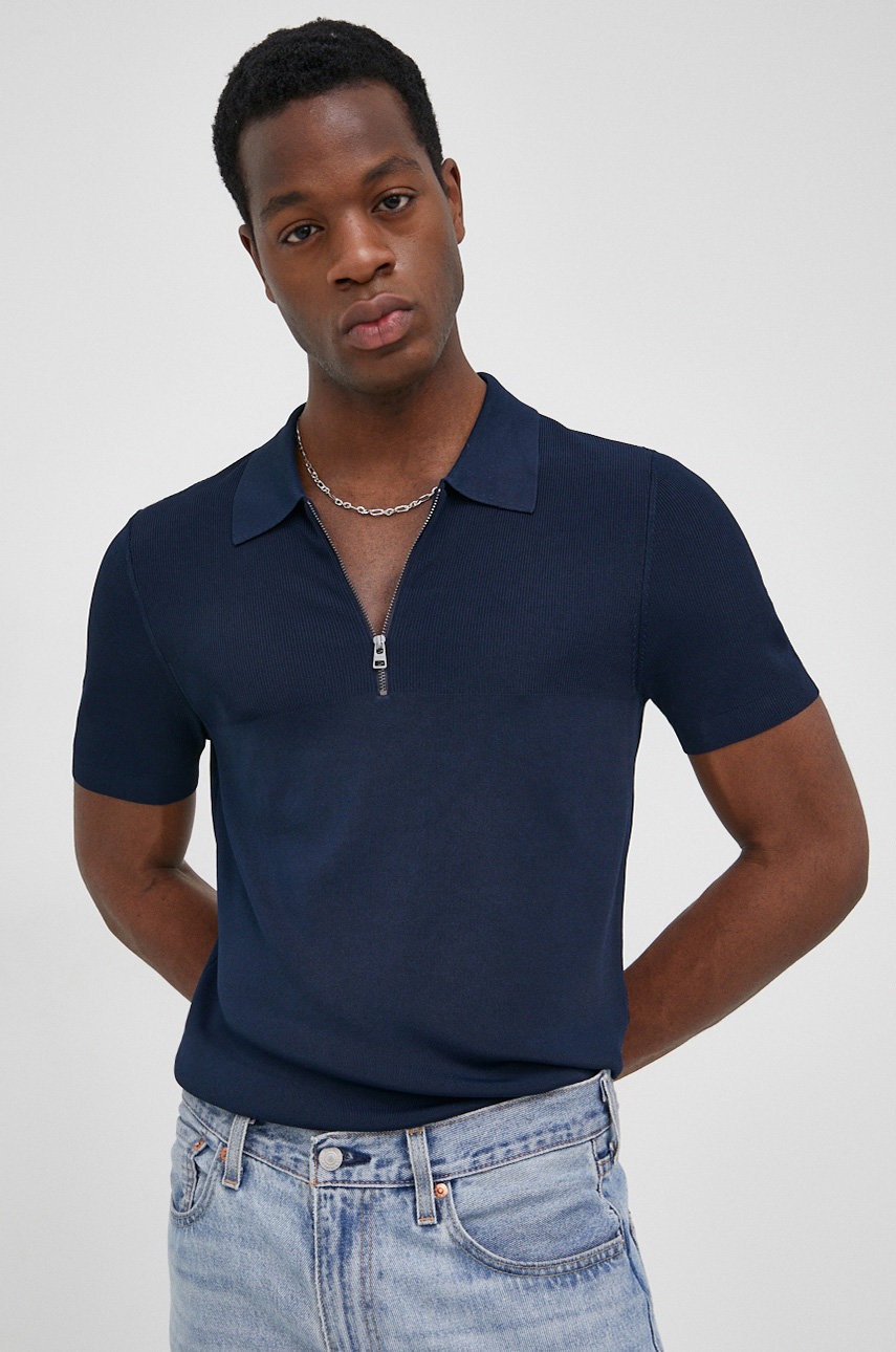 

Тениска с яка HUGO мъжки в тъмносиньо с изчистен дизайн, Тъмносин