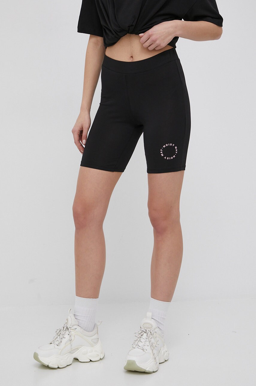 Noisy may pantaloni scurti femei, culoarea negru, cu imprimeu, medium waist