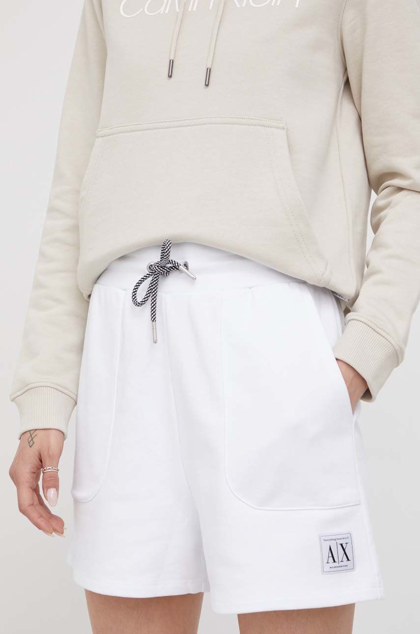 Armani Exchange szorty bawełniane damskie kolor biały z aplikacją high waist