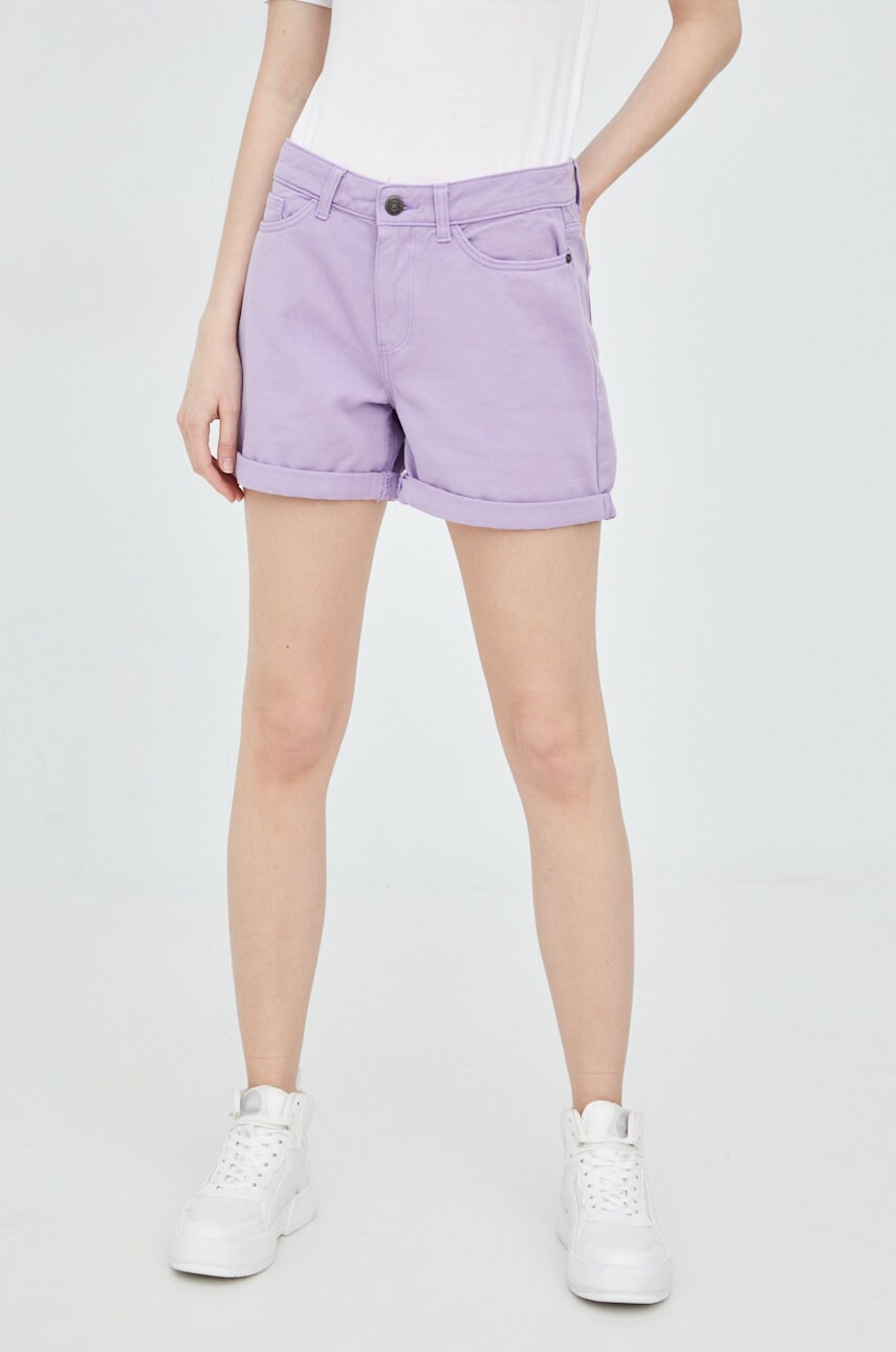 Noisy may pantaloni scurti jeans femei, culoarea violet, neted, medium waist