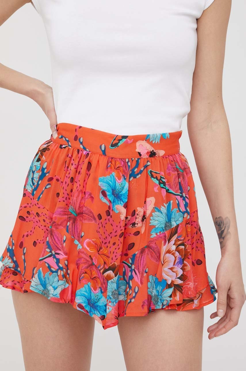 Desigual szorty damskie kolor pomarańczowy wzorzyste high waist