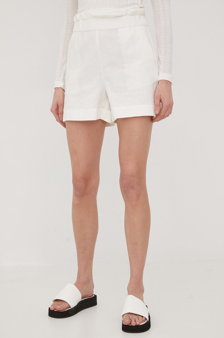 Vero moda pantaloni scurți din amestec de in femei, culoarea alb, neted, high waist