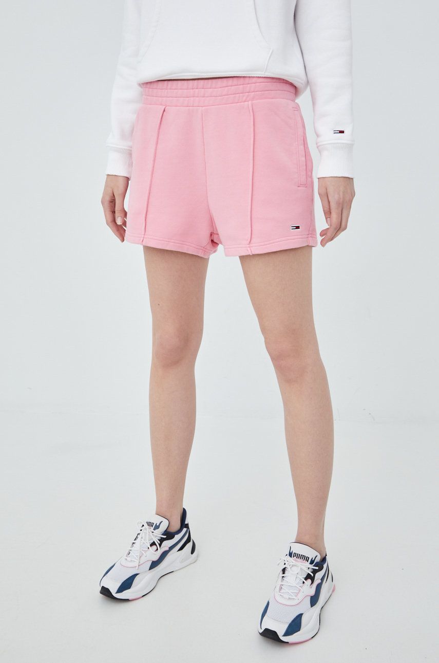 Bavlněné šortky Tommy Jeans dámské, růžová barva, hladké, high waist - růžová -  100% Bavlna