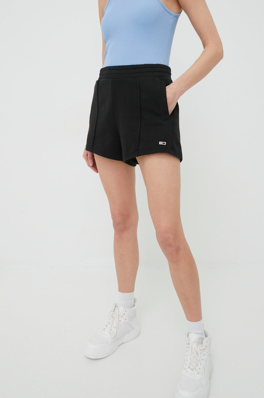 Tommy Jeans pantaloni scurti din bumbac femei, culoarea negru, neted, high waist