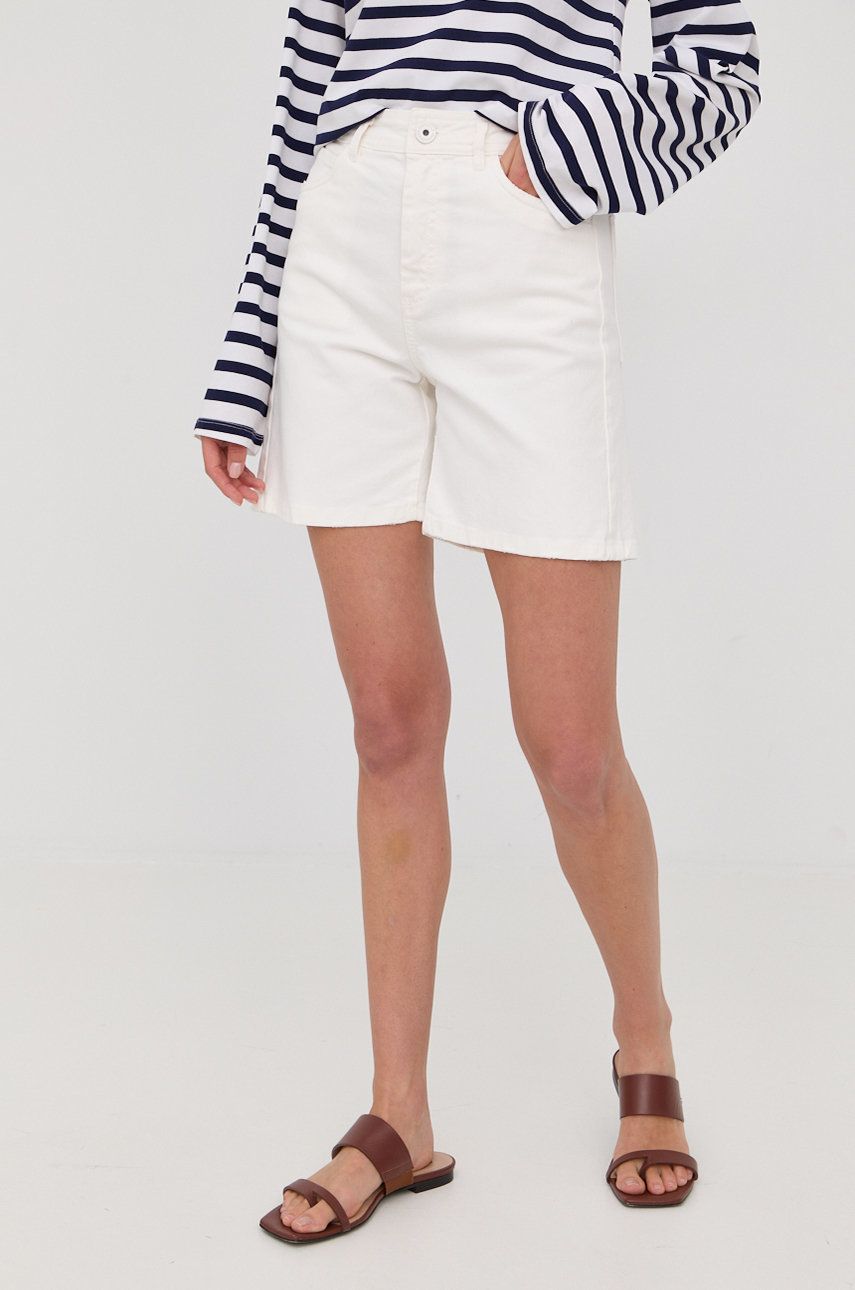 Marella pantaloni scurti jeans femei, culoarea alb, neted, high waist answear.ro
