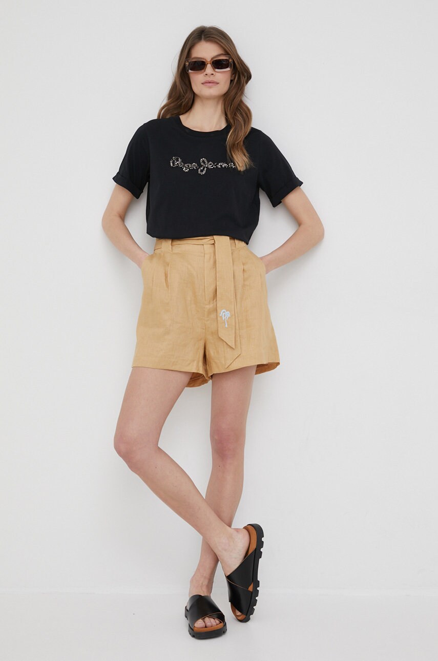 Scotch & soda pantaloni scurti din in femei, culoarea bej, neted, high waist
