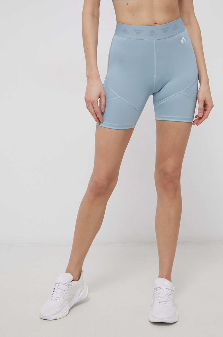 Tréninkové šortky adidas Performance HG8504 dámské, hladké, high waist - modrá -  Hlavní materi