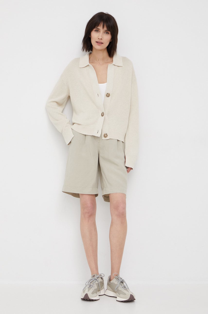 Marc o'polo pantaloni scurți din amestec de in femei, culoarea verde, neted, high waist