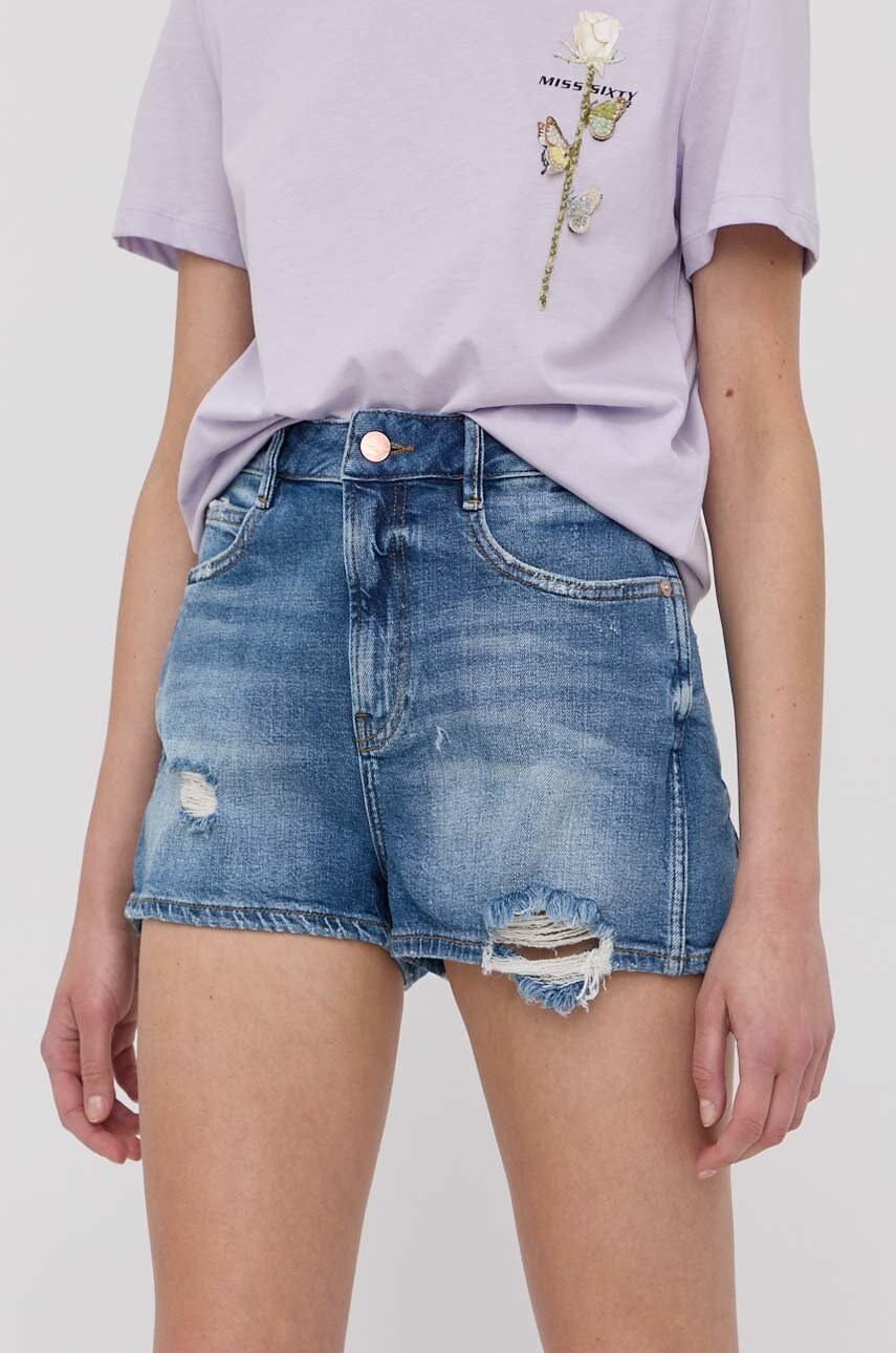 Miss sixty pantaloni scurti jeans femei, culoarea violet, neted, high waist