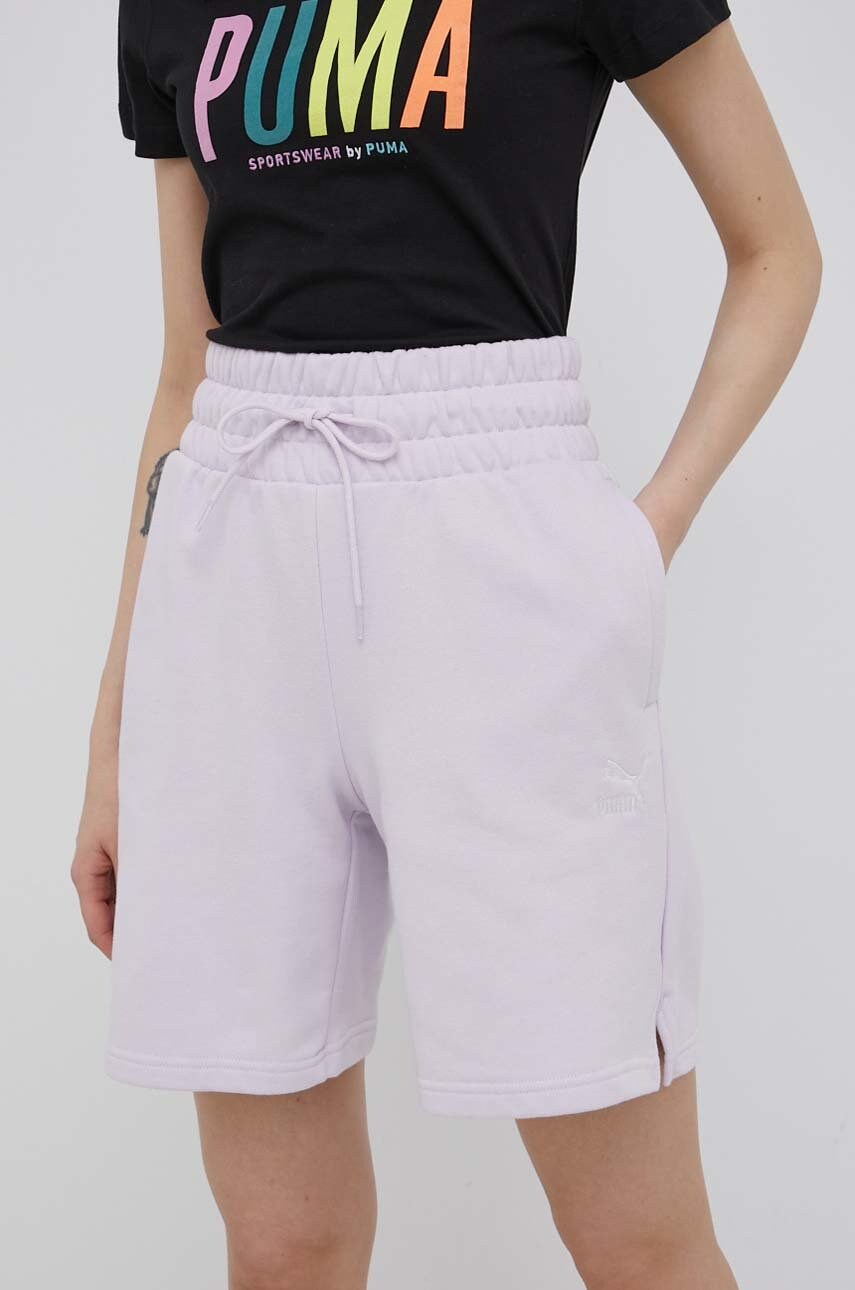 Puma pantaloni scurti femei, culoarea violet, neted, high waist