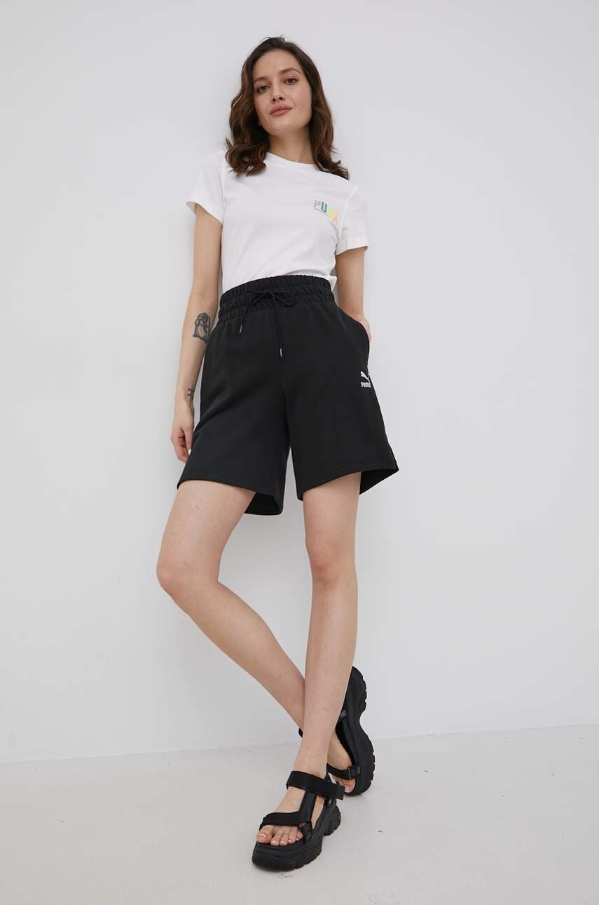 Puma pantaloni scurti femei, culoarea negru, neted, high waist