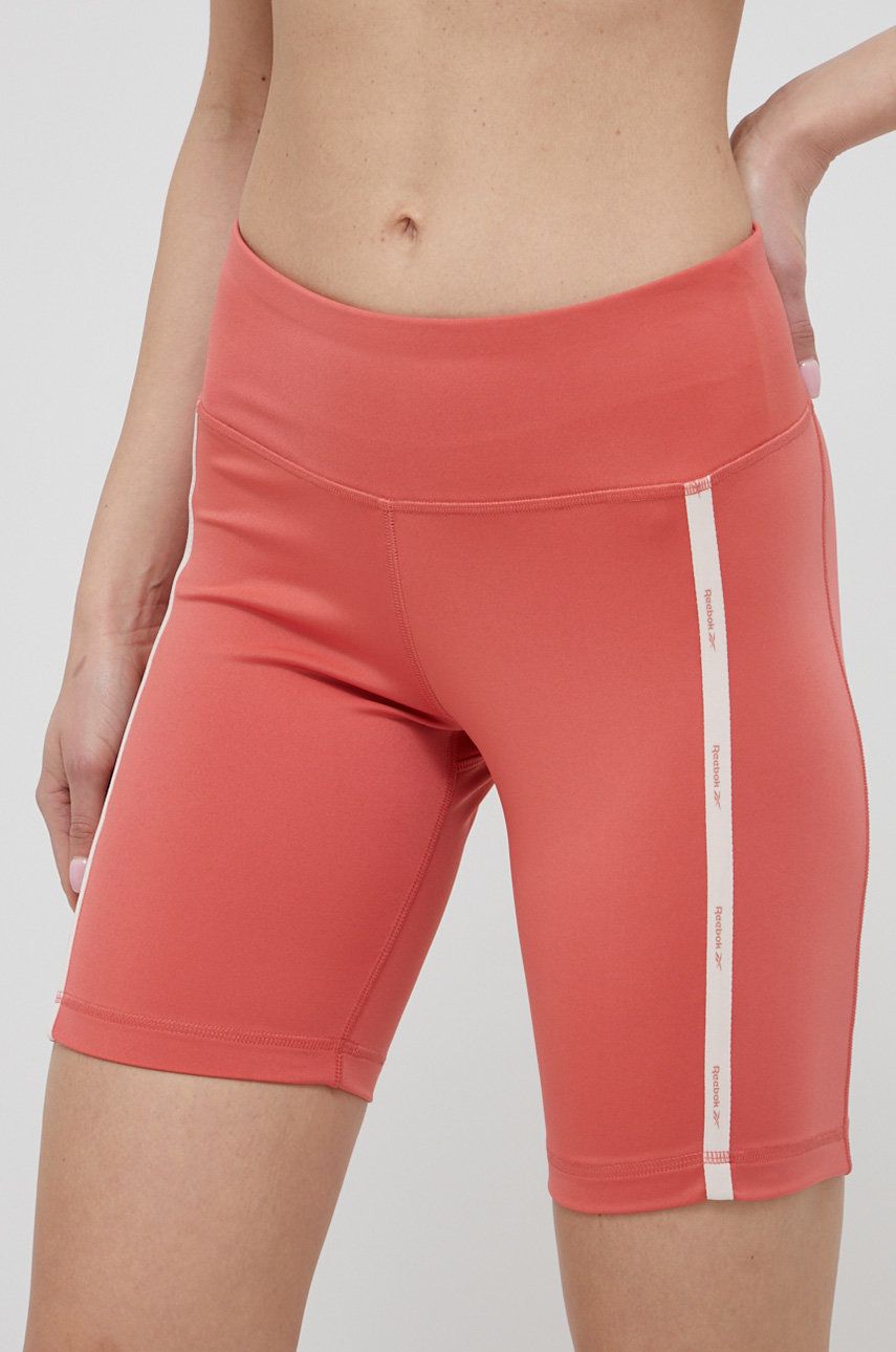 Reebok pantaloni scurți de antrenament Piping HA5725 femei, culoarea portocaliu, cu imprimeu, medium waist answear imagine noua