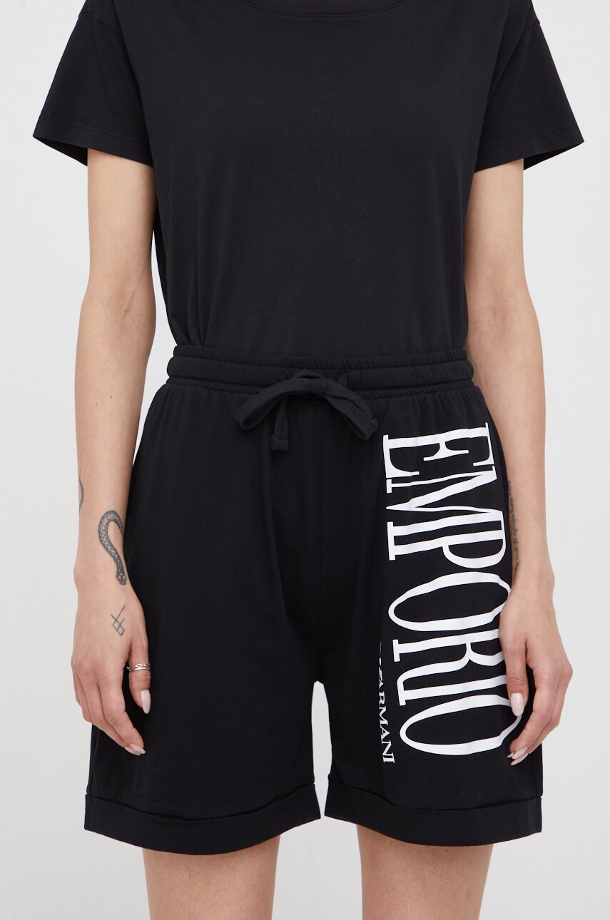 Emporio armani underwear pantaloni scurti din bumbac femei, culoarea negru, cu imprimeu, high waist