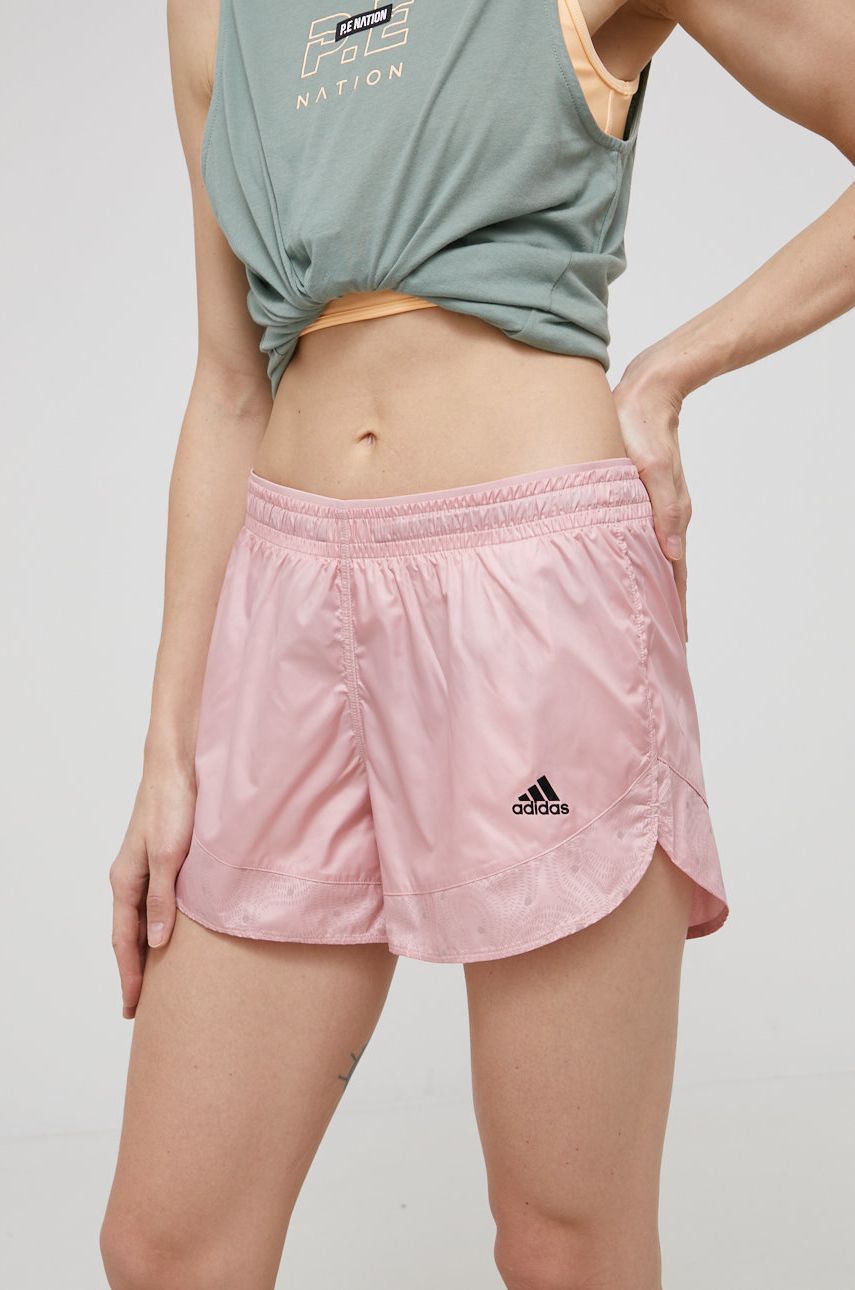 Levně Kraťasy adidas Performance HC1663 dámské, růžová barva, vzorované, medium waist