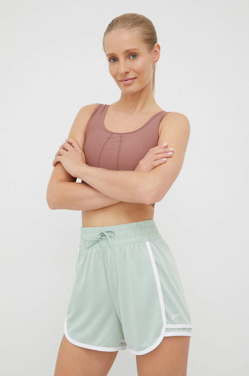 Reebok pantaloni scurți de antrenament workout ready hd7661 femei, culoarea verde, neted, high waist