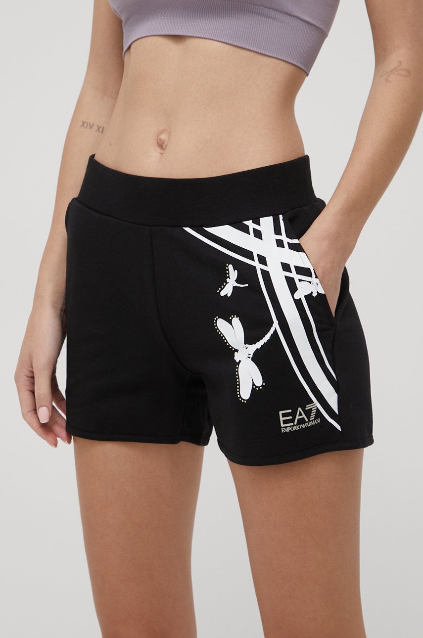 EA7 Emporio Armani pantaloni scurti femei, culoarea negru, cu imprimeu, high waist answear.ro