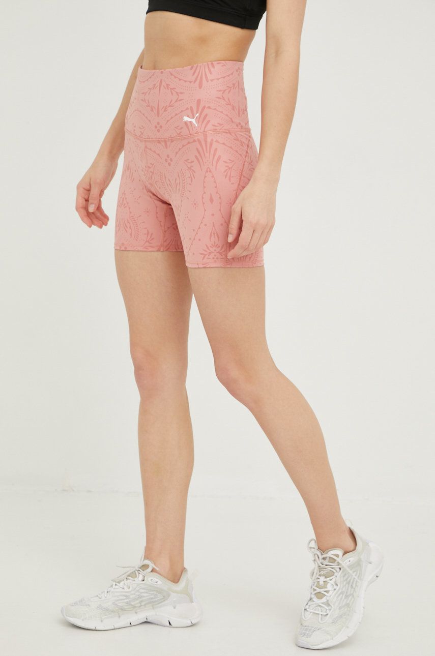 Tréninkové šortky Puma Studio dámské, růžová barva, vzorované, medium waist - růžová -  Materiá