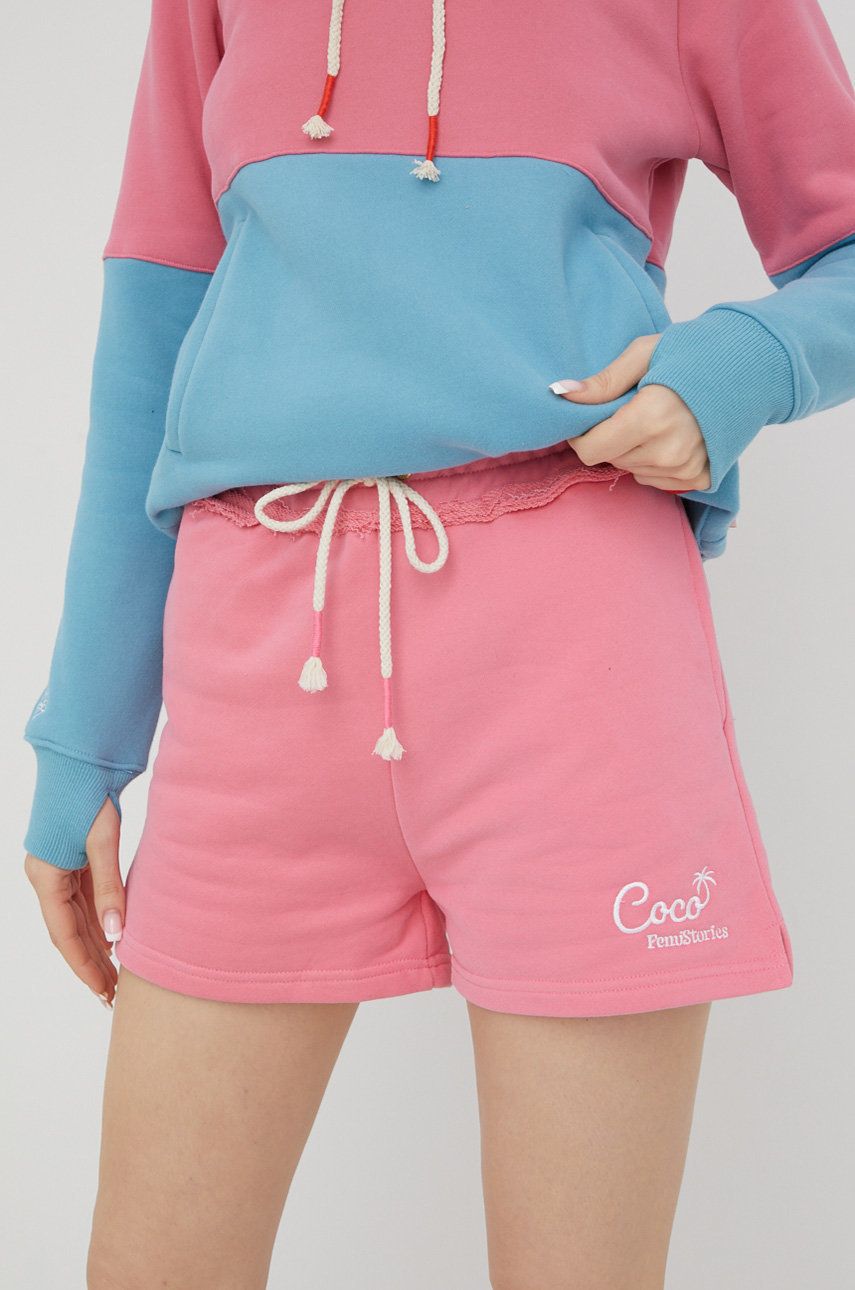 Bavlněné šortky Femi Stories dámské, růžová barva, s aplikací, high waist