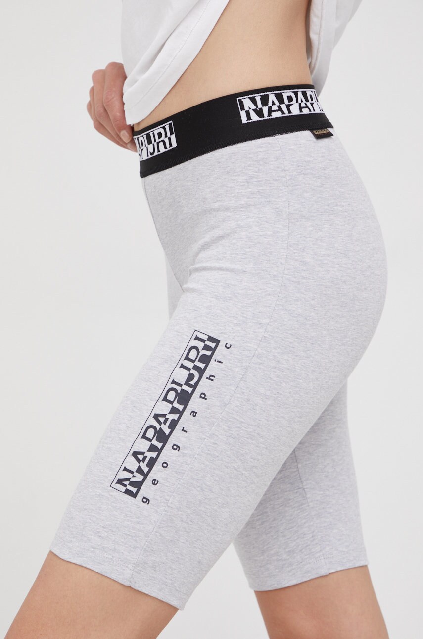 Napapijri pantaloni scurti femei, culoarea gri, melanj, high waist