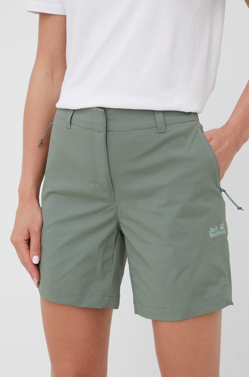 Jack Wolfskin pantaloni scurți outdoor Peak femei, culoarea verde, neted, medium waist