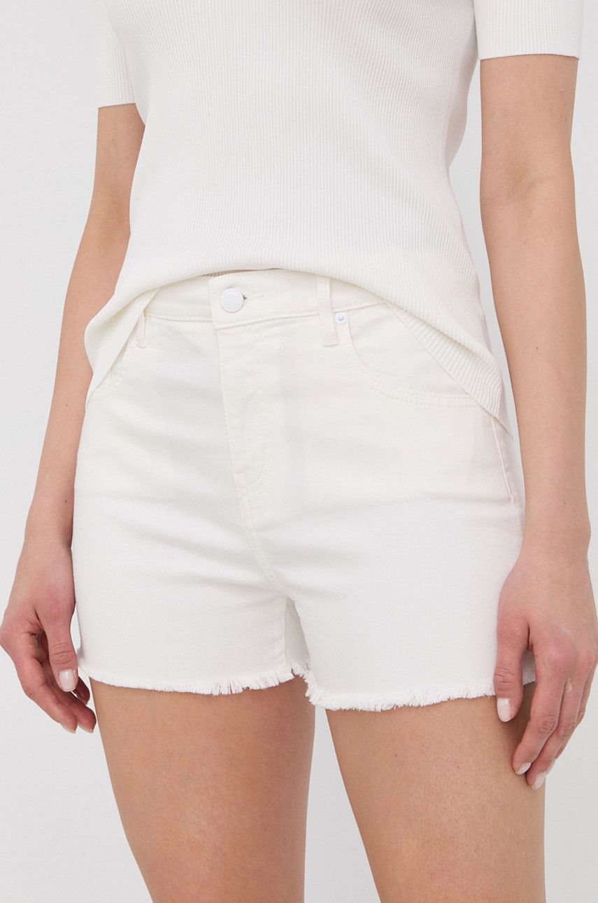 Love Moschino pantaloni scurti jeans femei, culoarea alb, neted, high waist Alb imagine noua gjx.ro