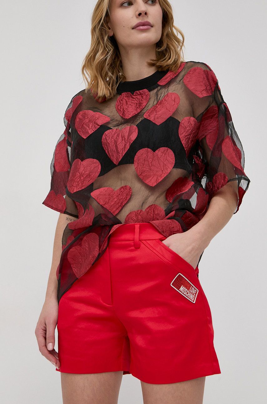 Love Moschino pantaloni scurti femei, culoarea rosu, cu imprimeu, high waist answear.ro imagine noua