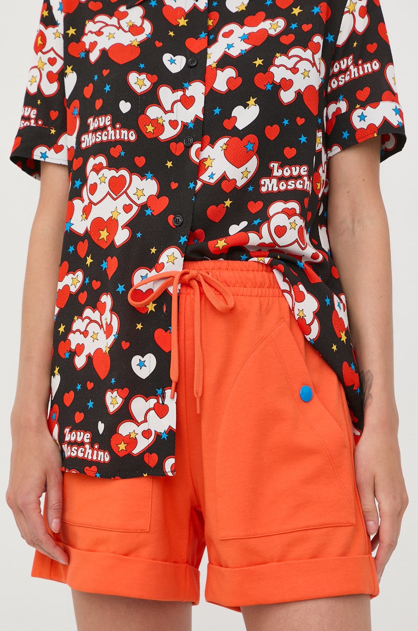 Love moschino pantaloni scurti din bumbac femei, culoarea portocaliu, cu imprimeu, high waist