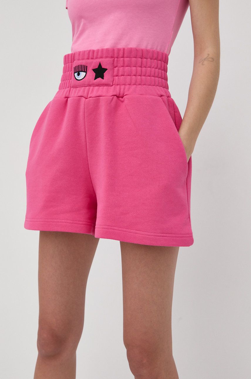 Chiara Ferragni pantaloni scurti din bumbac femei, culoarea roz, neted, high waist ANSWEAR