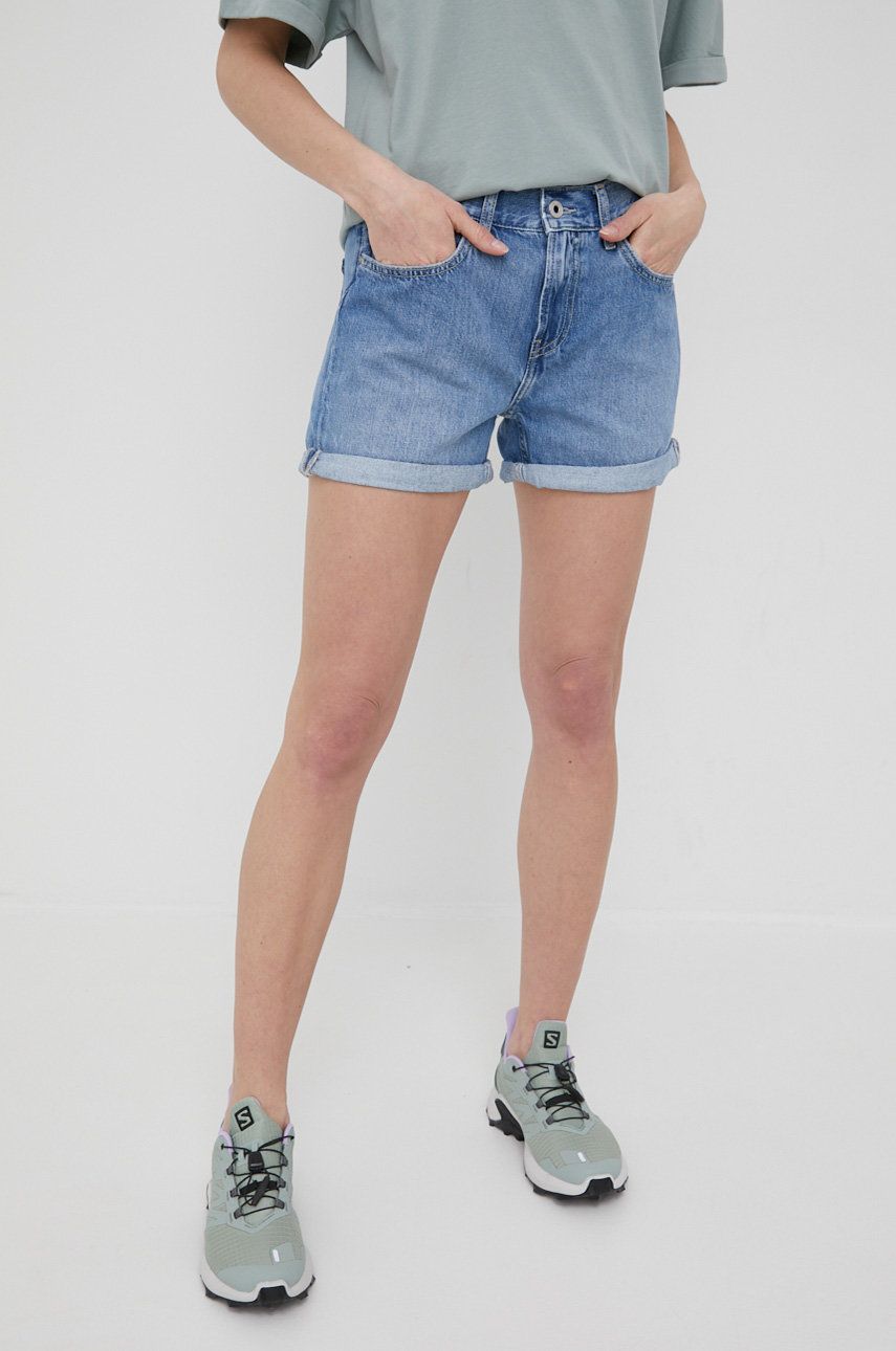 Džínové šortky Pepe Jeans Mable Short dámské, hladké, medium waist - modrá -  100% Bavlna